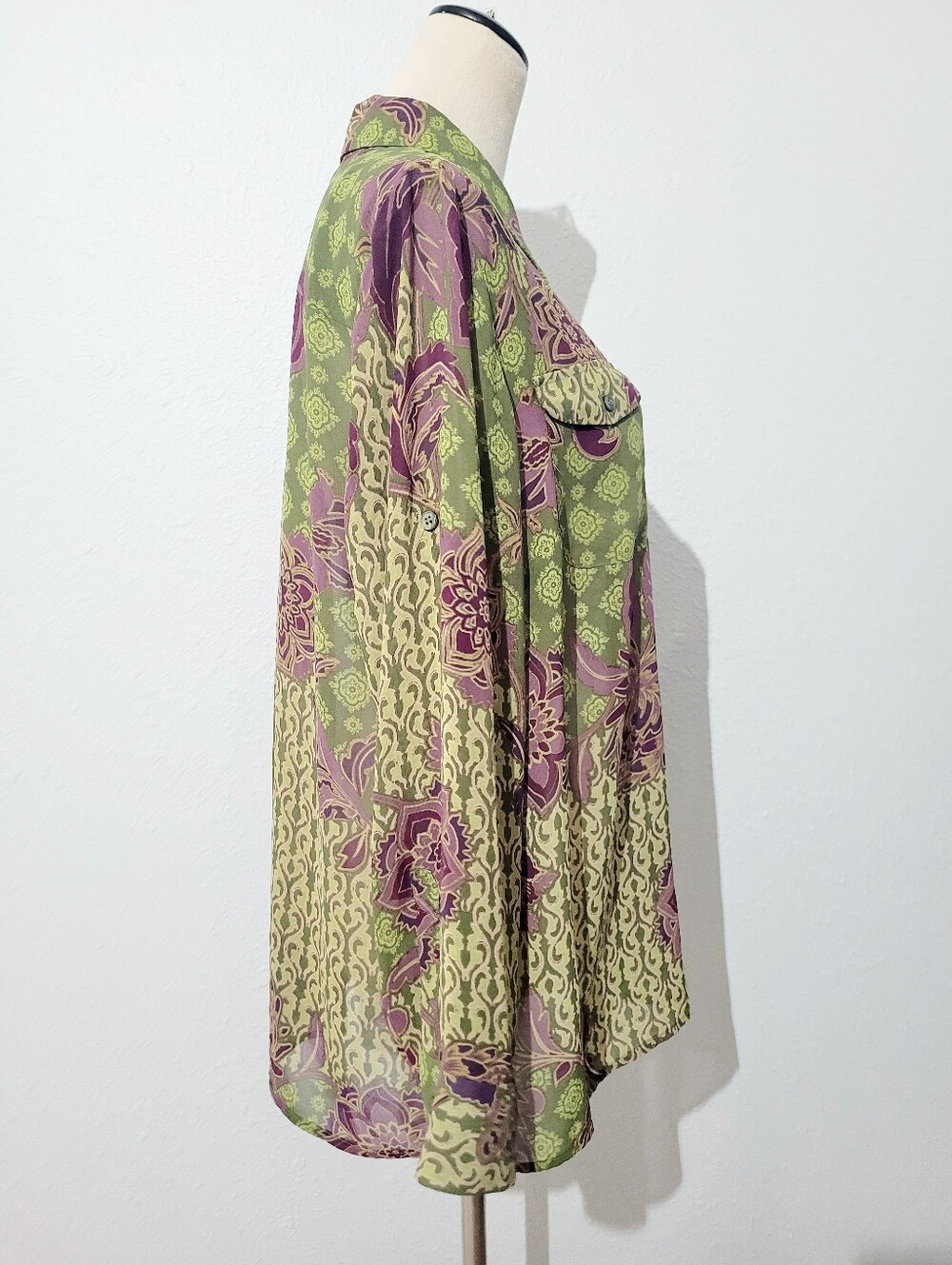 Evan-Picone Woman Size1X Floral Button Front Blouse Green Purple Boho Career Top - Picture 4 of 12